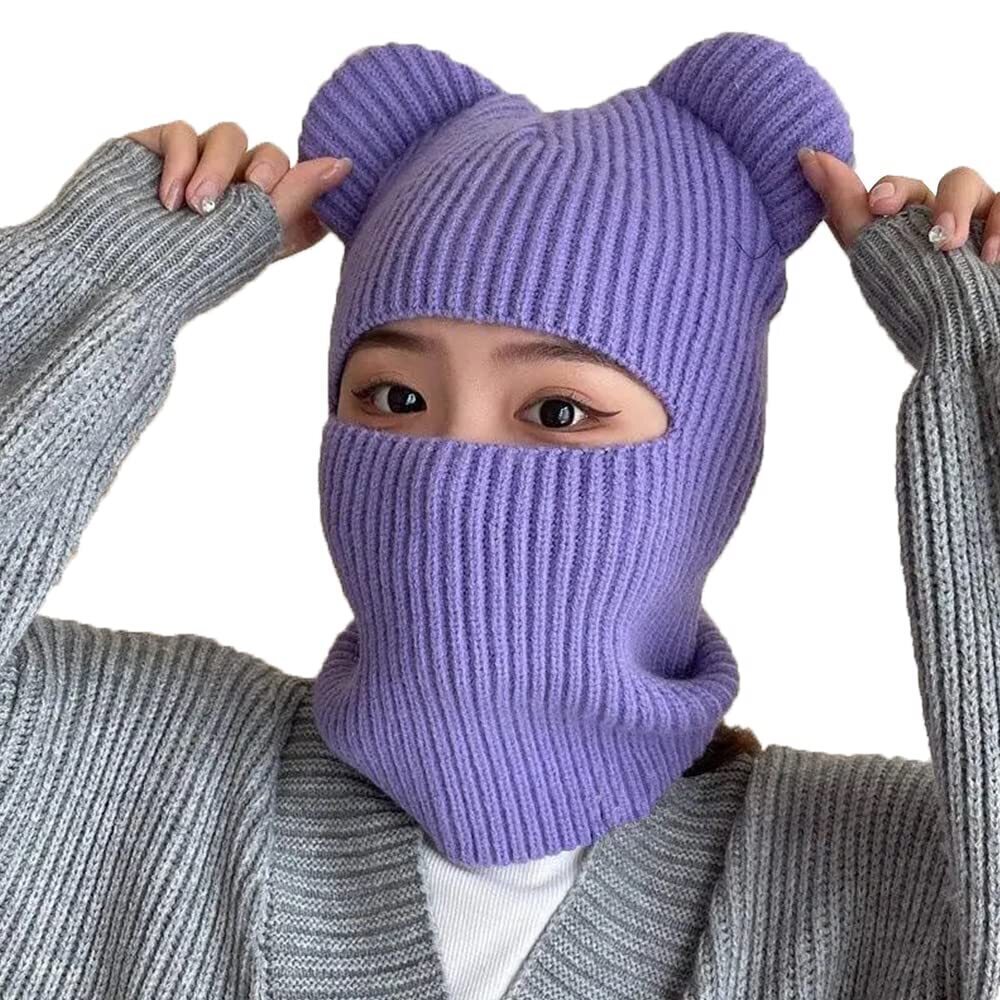 4557 Winter Hat Warm Hooded Scarf Hat Balaclava Knit Skull Beanie Hat Girls